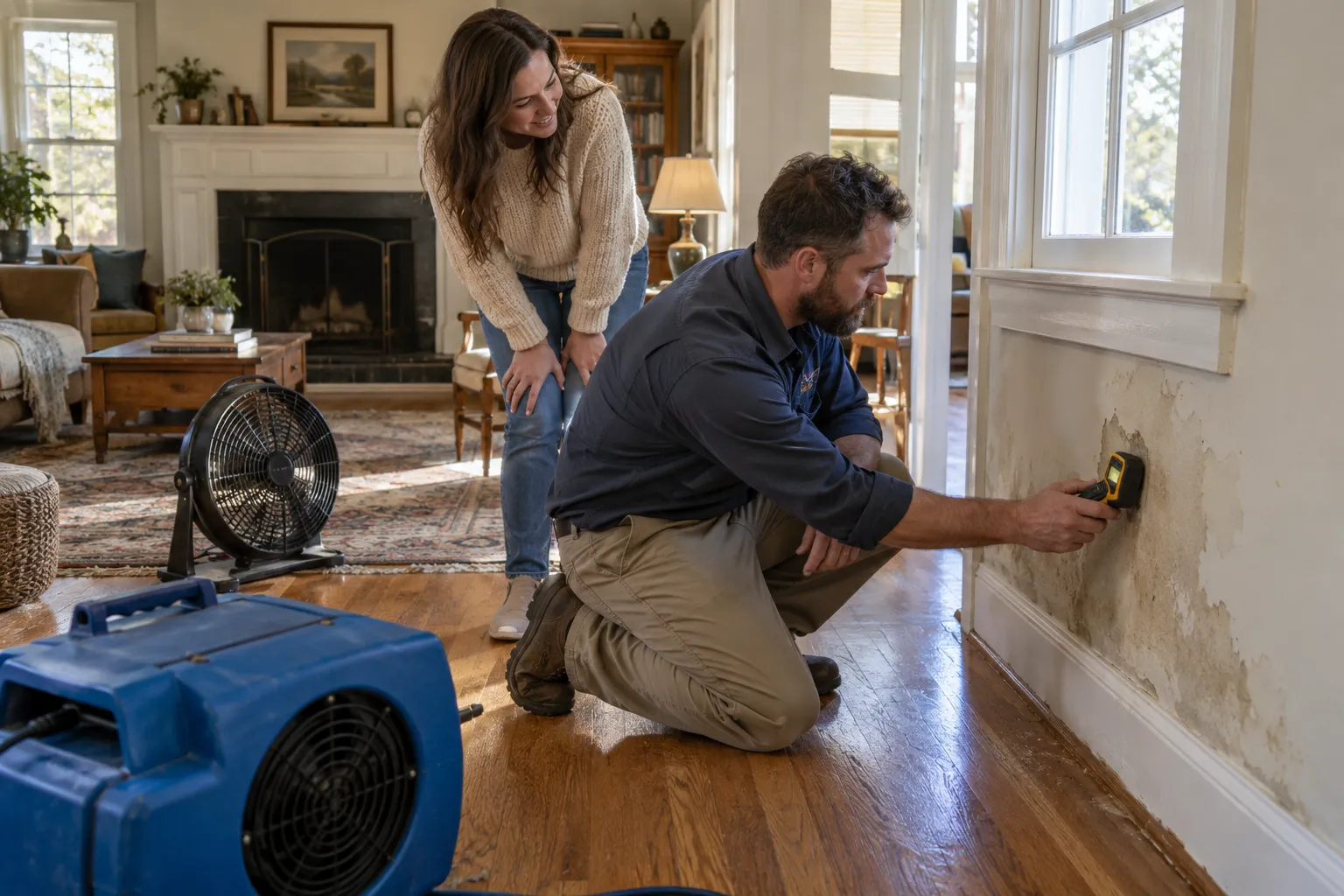 Water damage restoration technician drying a flooded living room in Syracuse